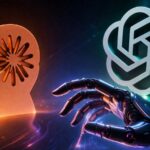 Arte futurista com mão robótica e elementos digitais iluminados, representando inovação e tecnologia em IA.