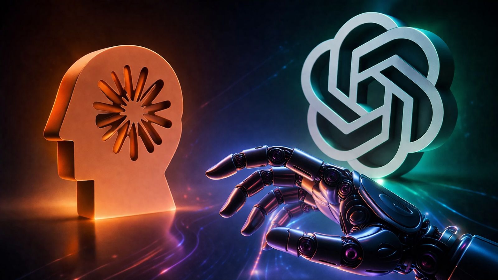 Arte futurista com mão robótica e elementos digitais iluminados, representando inovação e tecnologia em IA.