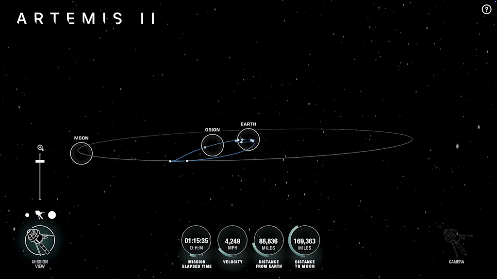 mapa interativo da localiza&ccedil;&atilde;o da nave Orion, da miss&atilde;o  Artemis II, em tempo real