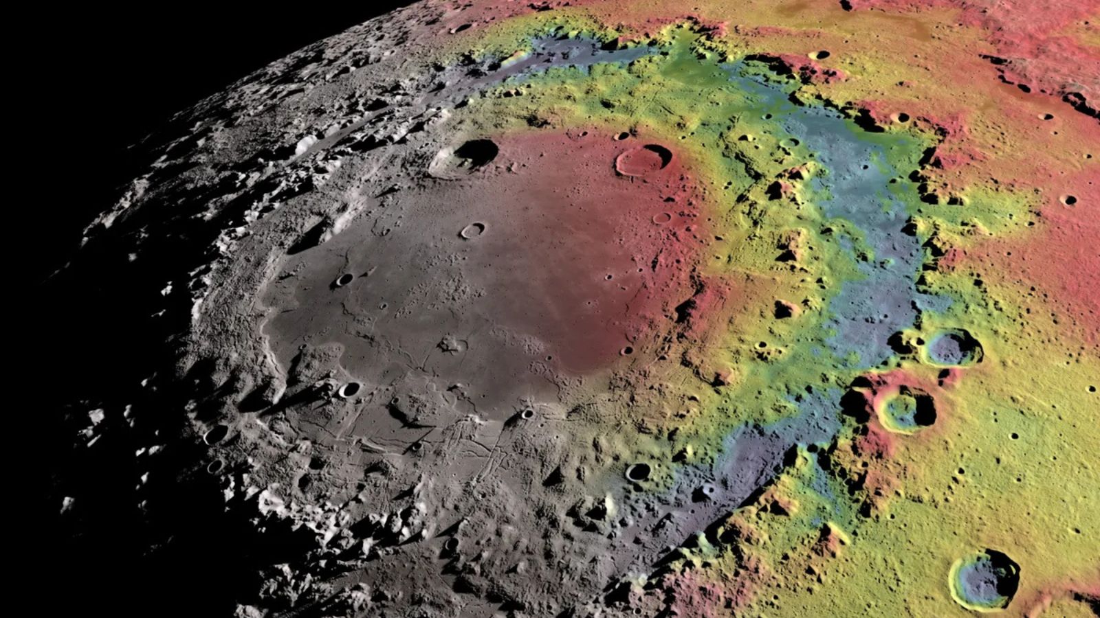 Uma visualização da bacia Orientale da Lua, uma região estudada detalhadamente pela tripulação da Artemis II durante seu sobrevoo lunar. Os dados gravitacionais da missão GRAIL (Gravity Recovery and Interior Laboratory) da NASA são representados em cores falsas no lado direito desta imagem e mapeiam a estrutura subsuperficial da bacia.
