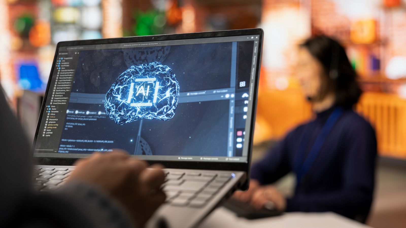 Notebook na tela um cérebro de IA