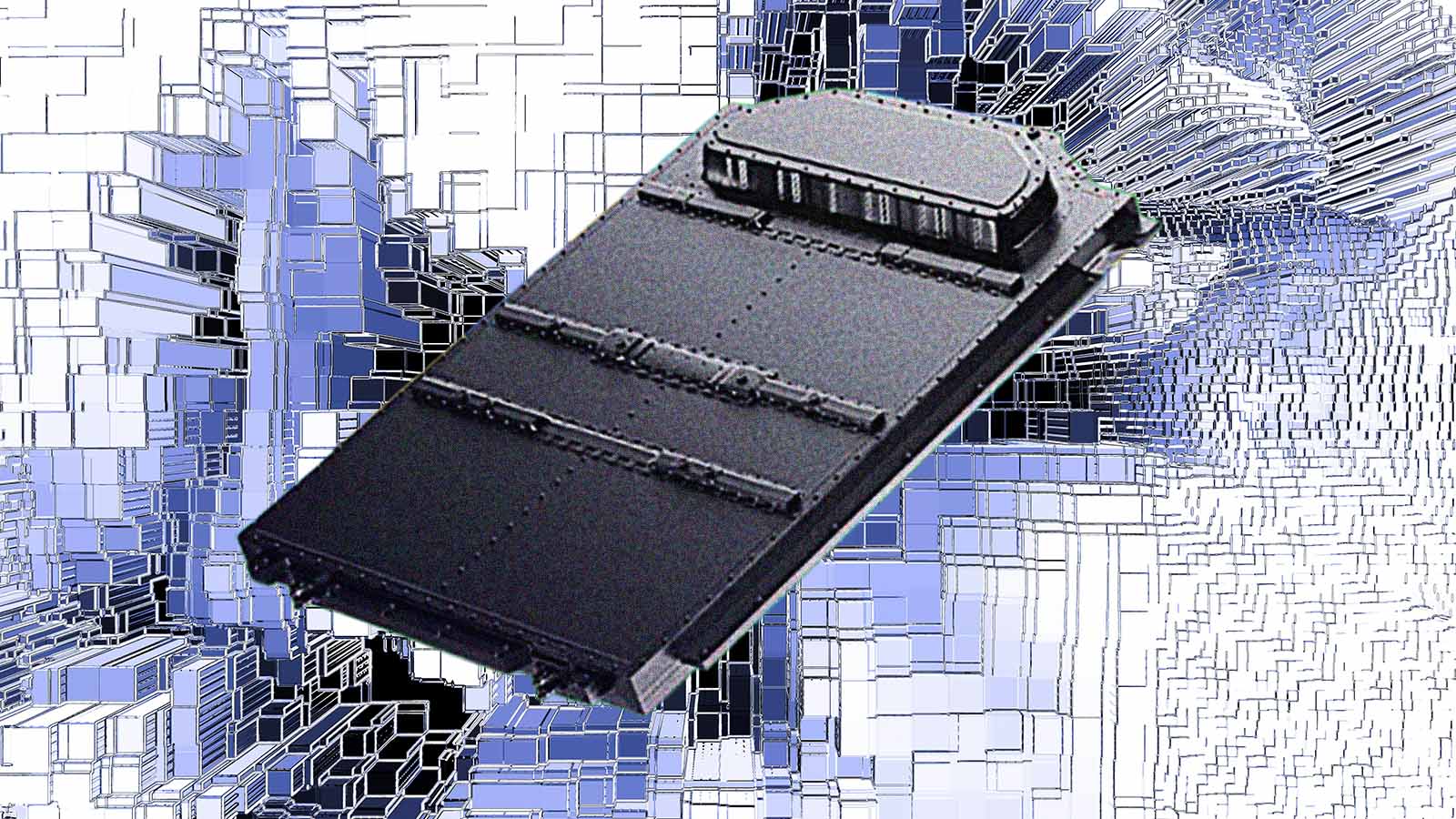 A imagem mostra um módulo de memória (tipo RAM) ampliado, flutuando sobre um fundo de estruturas geométricas que lembram um grid digital ou arquitetura de dados.