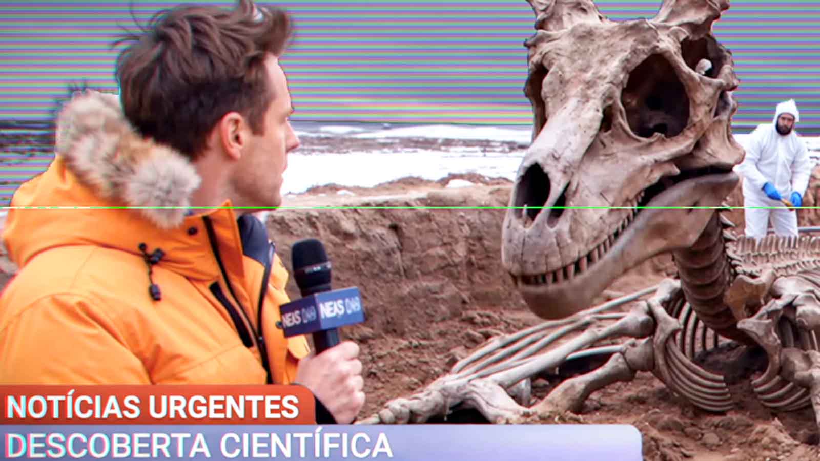 reprodução de vídeo de campanha contra desinformação mostra vídeo criado por IA com um repórter e um fóssil de dragão