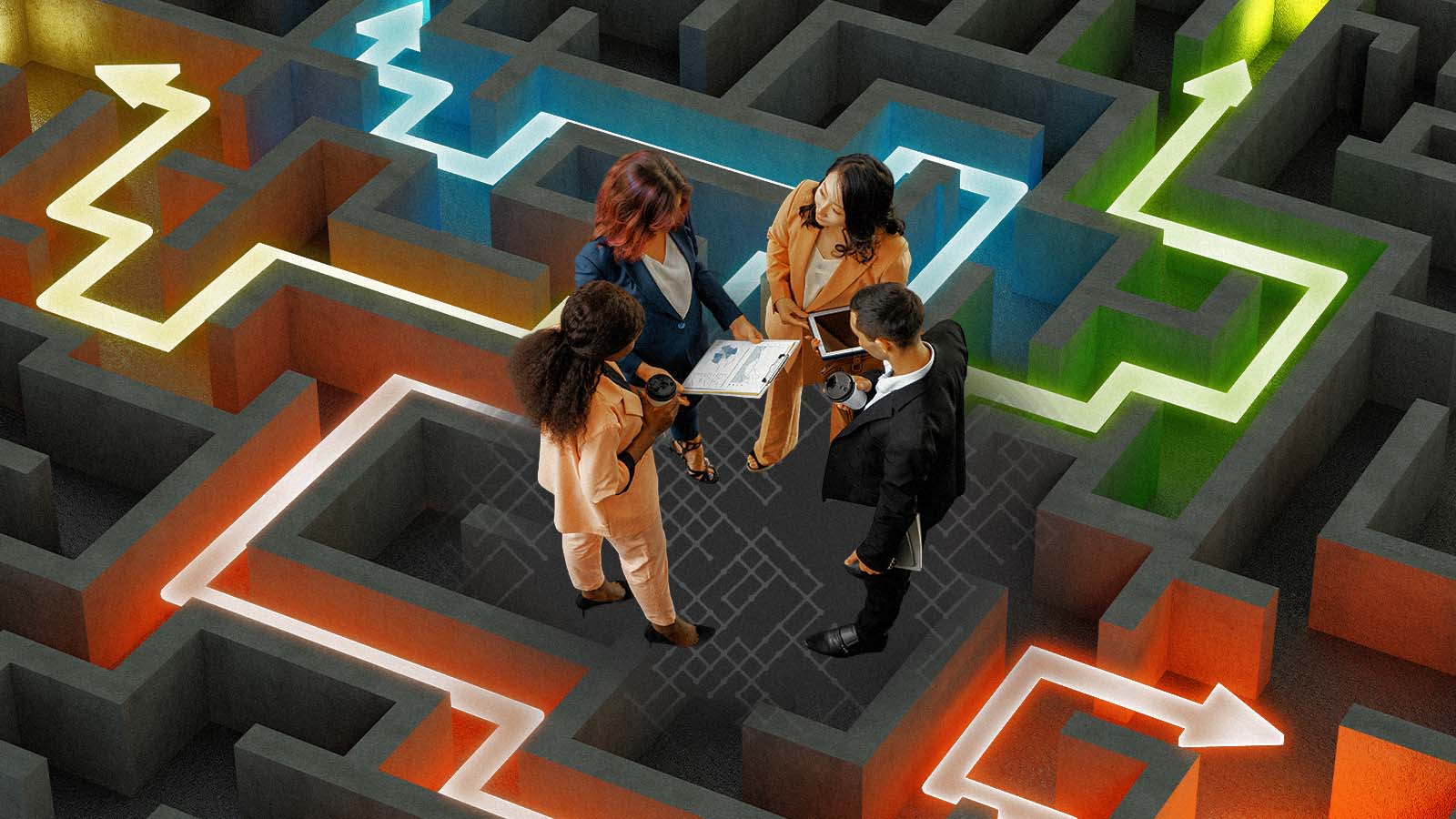 ilustração com quatro pessoas - três mulheres e um homem - no meio de um labirinto com setas para diferentes saídas