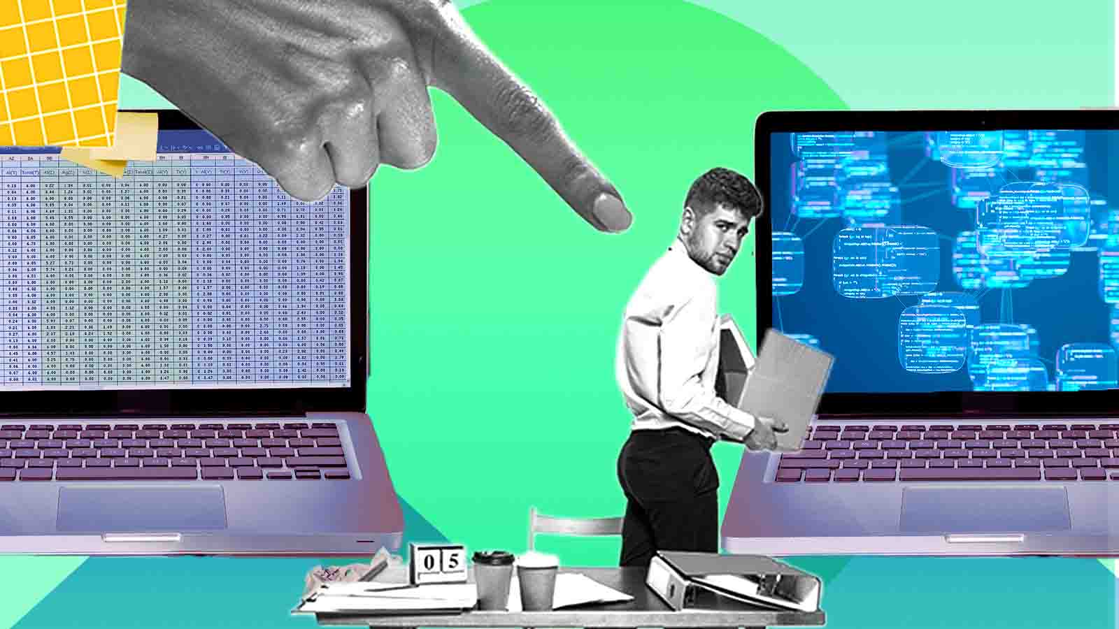 ilustração com fundo verde tem uma mão direita com o indicador apontado para um homem branco, entre dois notebooks e diante de uma mesa de trabalho