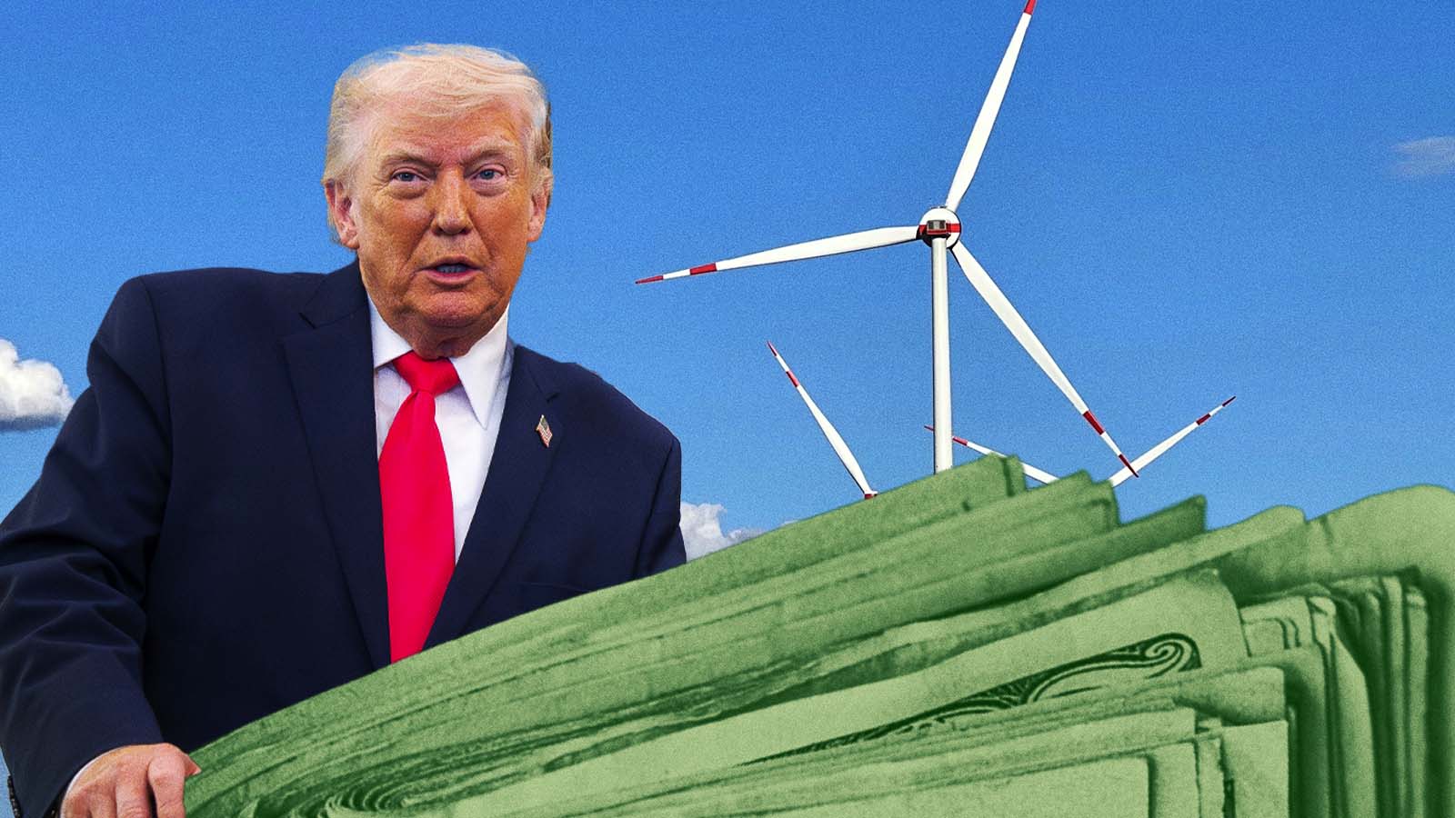 Montagem mostra Donald Trump, um homem idoso, branco, de terno escuro e gravata vermelha diante de uma paisagem com colinas verdes e turbinas eólicas sob céu azul.