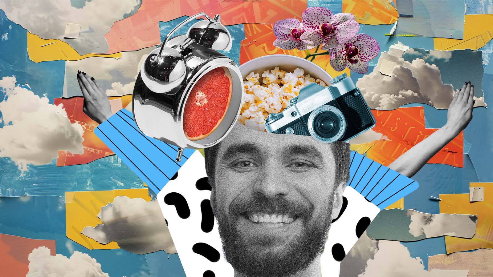Colagem artística mostra o rosto sorridente de um homem em preto e branco, com a parte superior da cabeça aberta e preenchida por objetos como despertador, câmera fotográfica, tigela de pipoca, flores e meia toranja. Ao fundo, recortes coloridos de céu, nuvens e braços erguidos reforçam a estética surreal e criativa da composição.