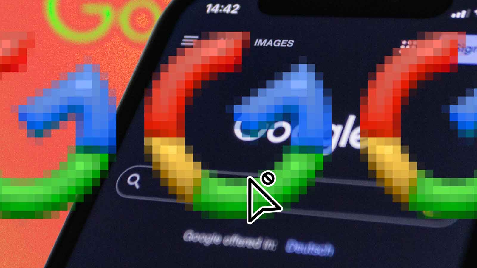 Tela de smartphone exibindo o logotipo do Google em versão pixelada, com um cursor e símbolo de bloqueio sobreposto. Ao fundo, aparece a interface de busca, sugerindo restrição ou censura de imagens.