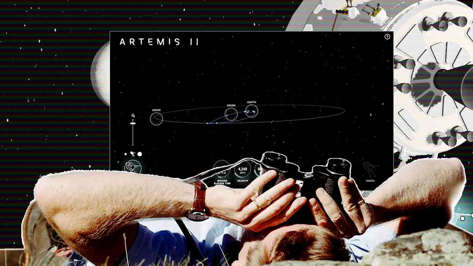 Painel exibe um diagrama da trajetória da missão Artemis II entre Terra e Lua, sobre fundo preto estrelado. Em primeiro plano, mãos seguram um binóculo, sugerindo observação ou acompanhamento da missão espacial.