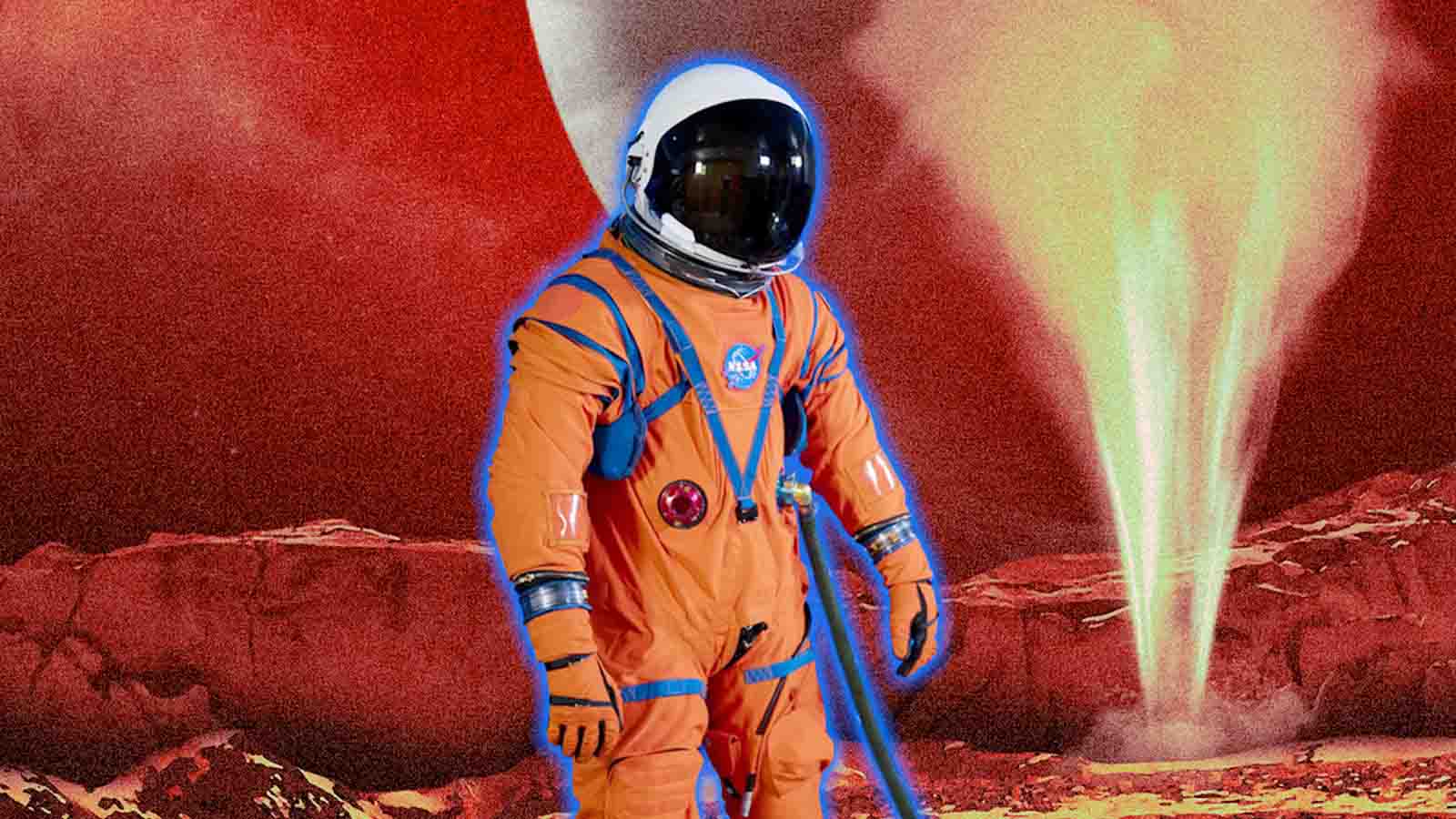ilustração sobre foto de um astronauta usando macacão laranja e capacete branco