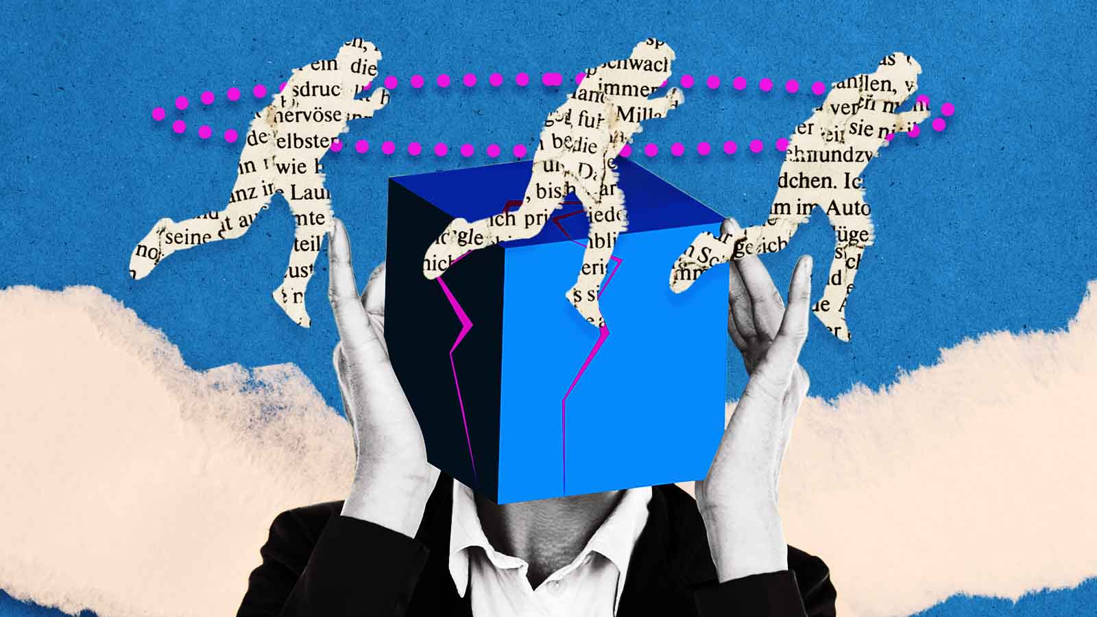 Pessoa com a cabeça substituída por um cubo azul segura o objeto com as mãos. Sobre o cubo, figuras humanas feitas de recortes de texto caminham em sequência, criando uma composição surreal. Um ícone de marca de verificação aparece no canto superior direito.