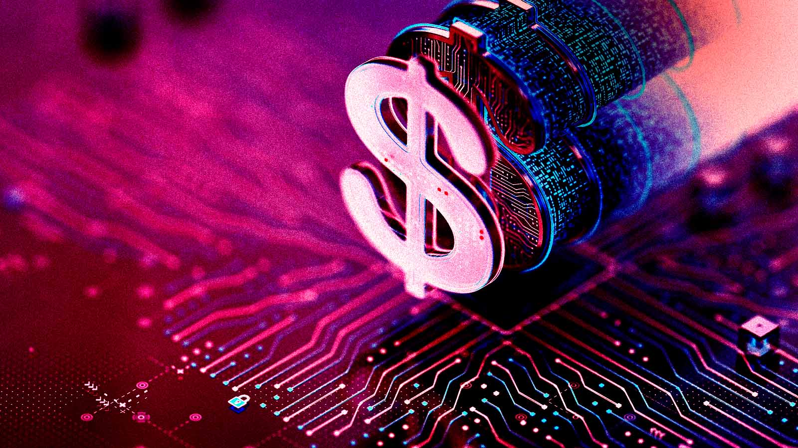 Símbolo de cifrão em destaque sobre uma superfície que lembra uma placa de circuito eletrônico, iluminada em tons de rosa e roxo.