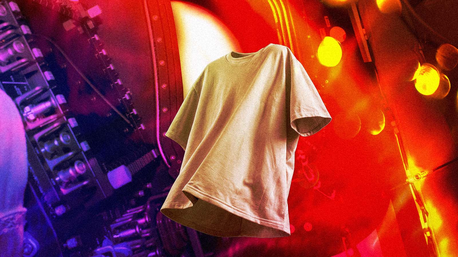 Camiseta bege flutua no centro da imagem sem corpo visível, sobre um fundo vibrante em tons de vermelho, laranja e roxo com elementos abstratos e tecnológicos. A composição cria um efeito surreal que remete a moda, consumo e inovação.