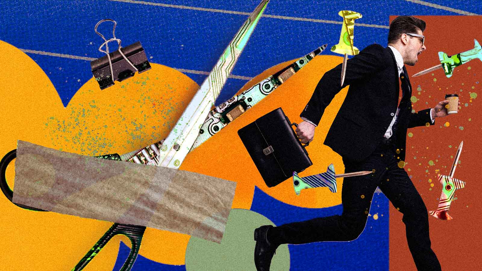 Colagem surreal combina elementos de escritório e trabalho, como um homem de terno correndo com uma pasta, clipes, alfinetes, uma placa de madeira e peças eletrônicas. O fundo azul com formas geométricas em laranja e amarelo reforça a estética criativa e dinâmica da composição. Parte de um homem de terno, com pasta na mão, no canto direito da imagem, como se estivesse correndo.