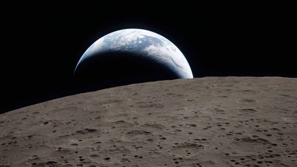 Foto da Lua em primeiro plano e a Terra em segundo plano