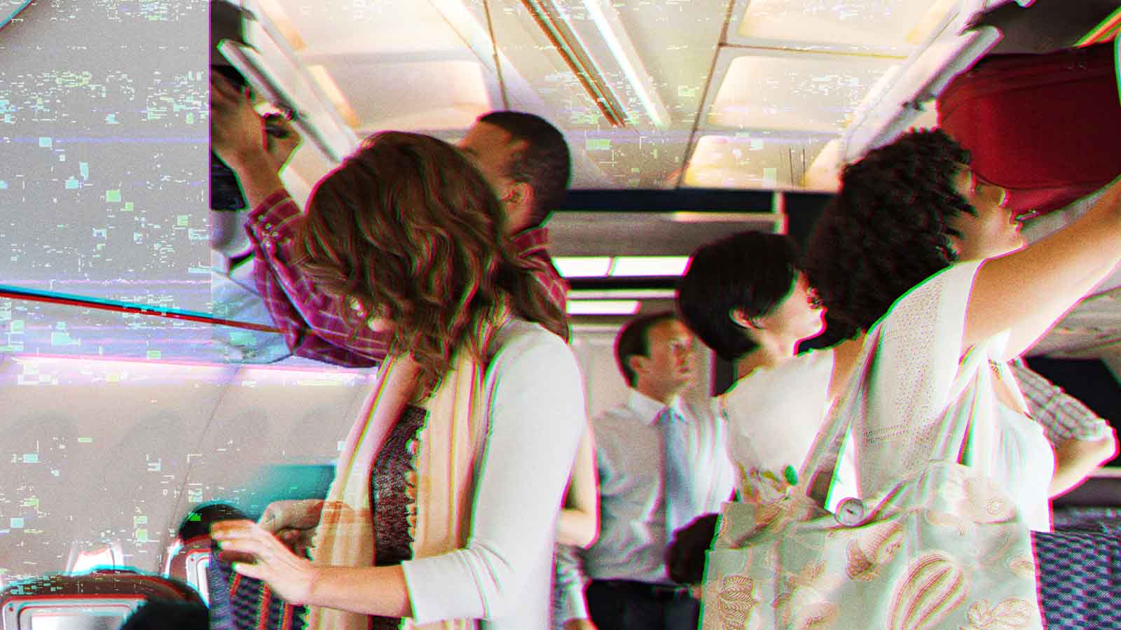 foto de passageiros em pé, guardando bagagem no compartimento de malas de aeronave