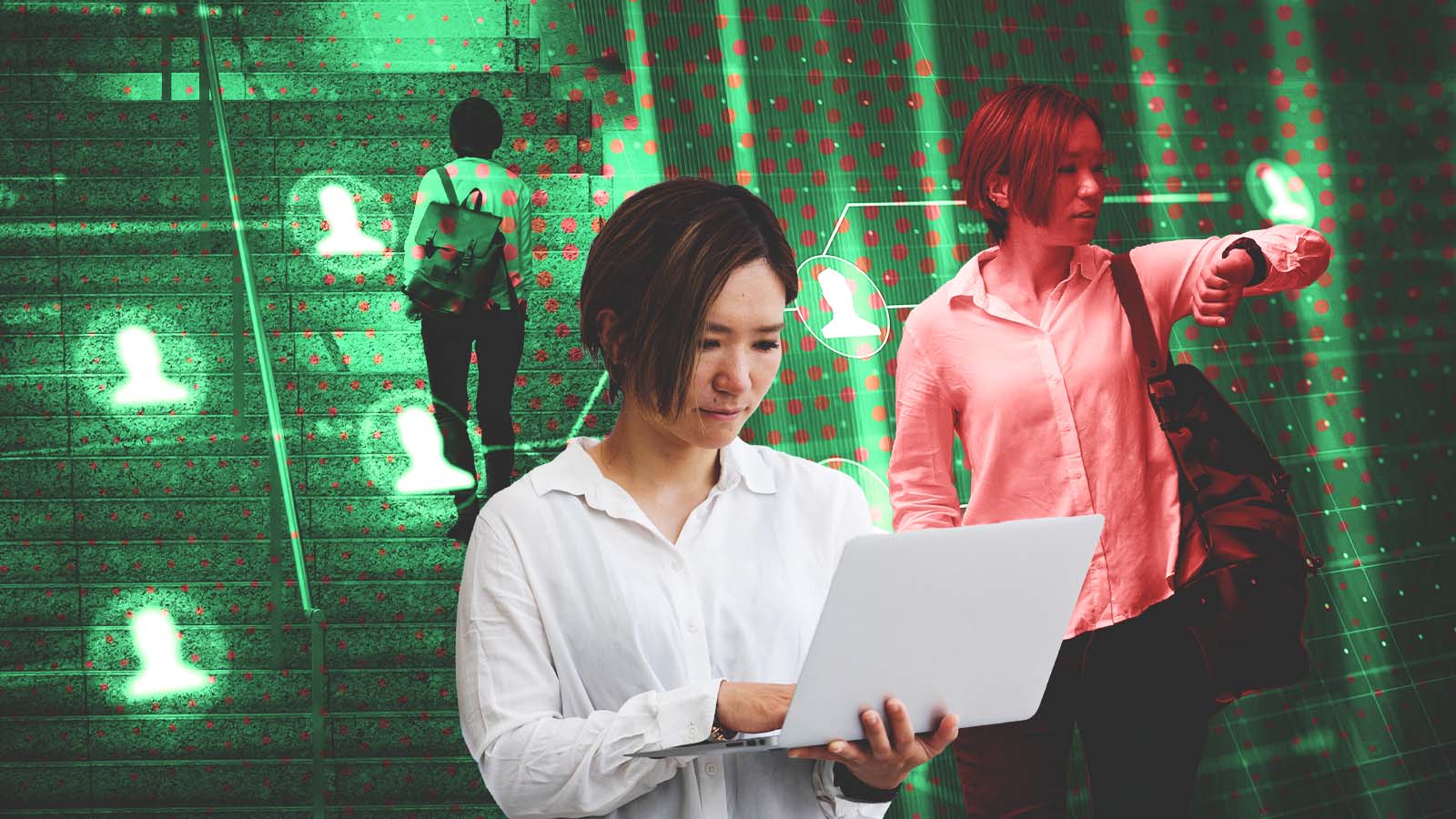 Mulher usa um laptop em primeiro plano, enquanto ao fundo aparecem outras figuras e ícones de pessoas conectados por linhas sobre um cenário com escadas. A composição em tons de verde e vermelho sugere redes sociais, dados e dinâmica de conexões profissionais.