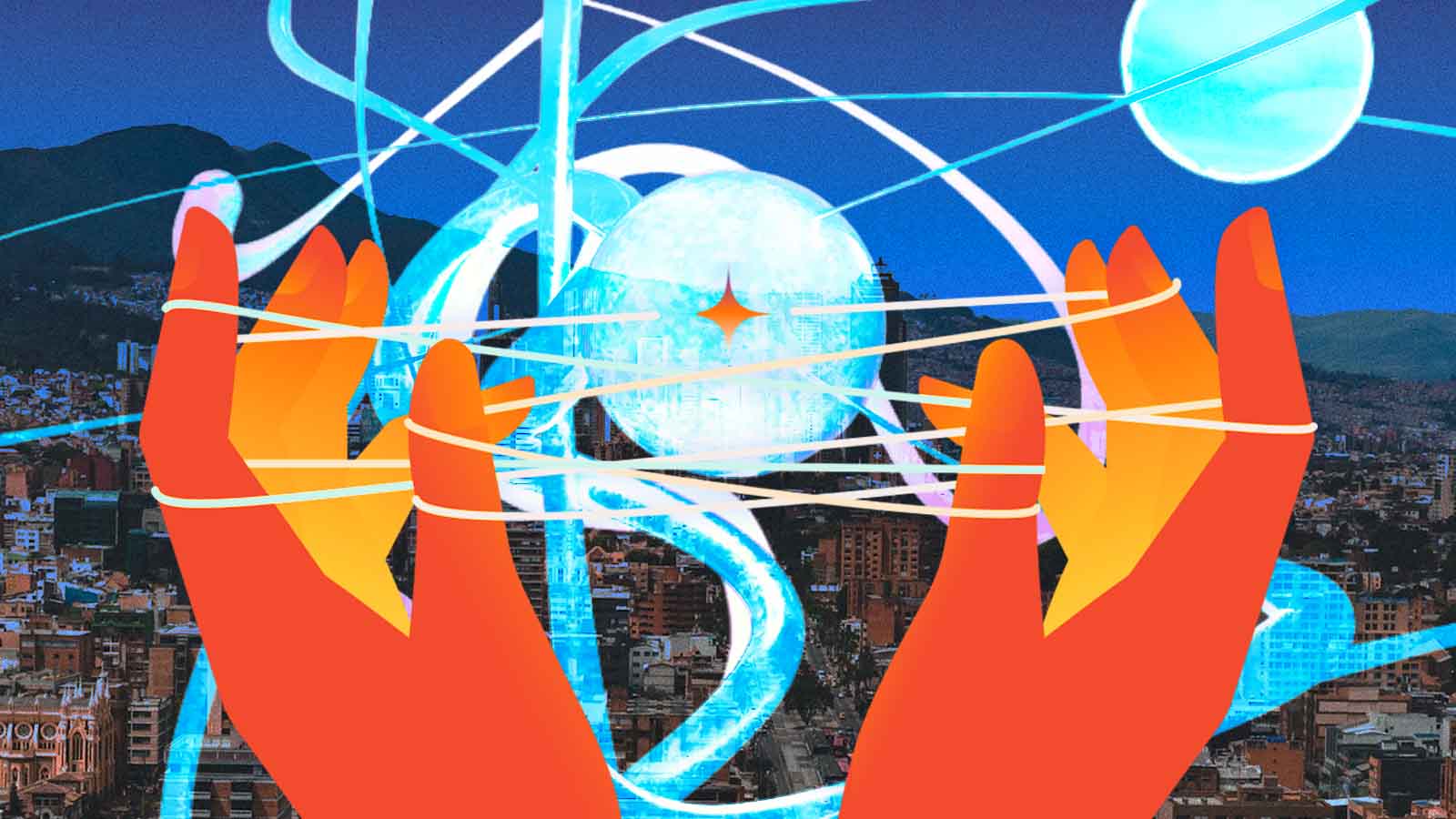 Ilustração mostra duas mãos estilizadas segurando uma esfera luminosa no centro, atravessada por linhas curvas que lembram fluxos de energia ou dados. Ao fundo, uma paisagem urbana aparece parcialmente, sugerindo tecnologia, controle e conexão sobre a cidade.