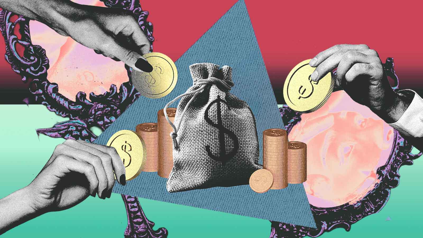 Colagem mostra um saco de dinheiro com símbolo de cifrão cercado por moedas e rolos de dinheiro. Mãos entram na cena colocando ou retirando moedas, sobre um fundo colorido e geométrico, sugerindo circulação, disputa ou gestão de recursos financeiros.