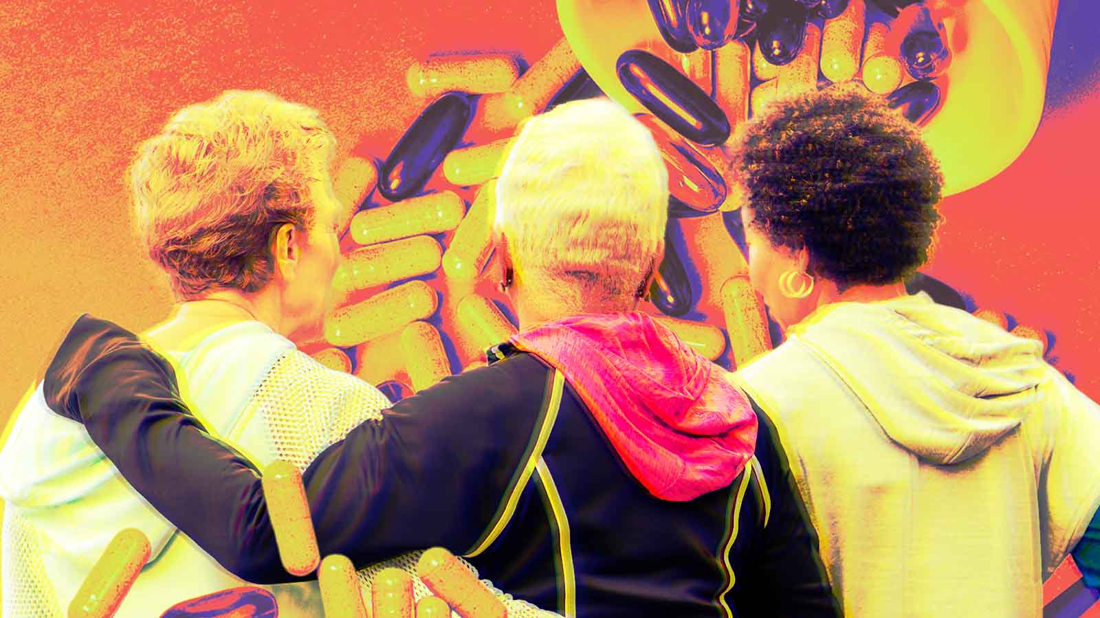 Três mulheres vistas de costas caminham abraçadas, enquanto cápsulas e comprimidos aparecem ampliados ao redor sobre um fundo vibrante em tons de laranja, rosa e amarelo. A composição sugere temas ligados a saúde, medicamentos e bem-estar coletivo.