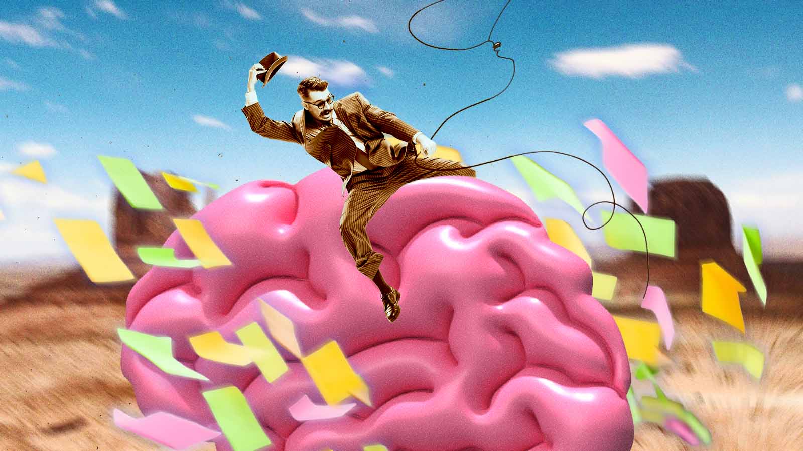 Homem de terno e chapéu monta um cérebro rosa gigante como se fosse um animal de rodeio, enquanto papéis coloridos voam ao redor. Ao fundo, paisagem aberta sob céu azul reforça a cena surreal, sugerindo criatividade, caos mental ou domínio da mente.