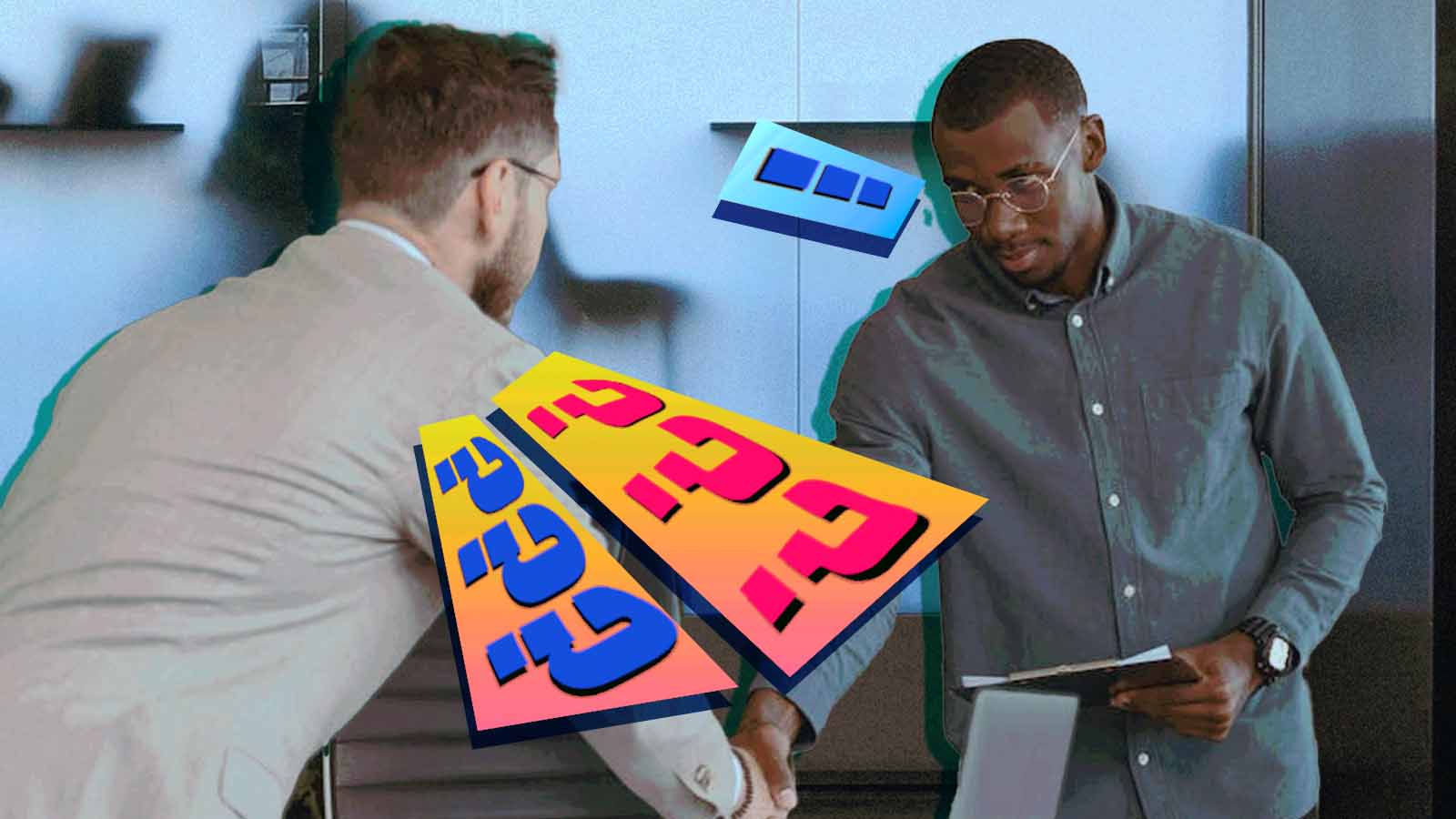 Dois profissionais apertam as mãos em ambiente corporativo, enquanto aviões de papel com pontos de interrogação sobrevoam a cena. A composição sugere negociações, dúvidas estratégicas, incerteza em acordos ou decisões de negócios.