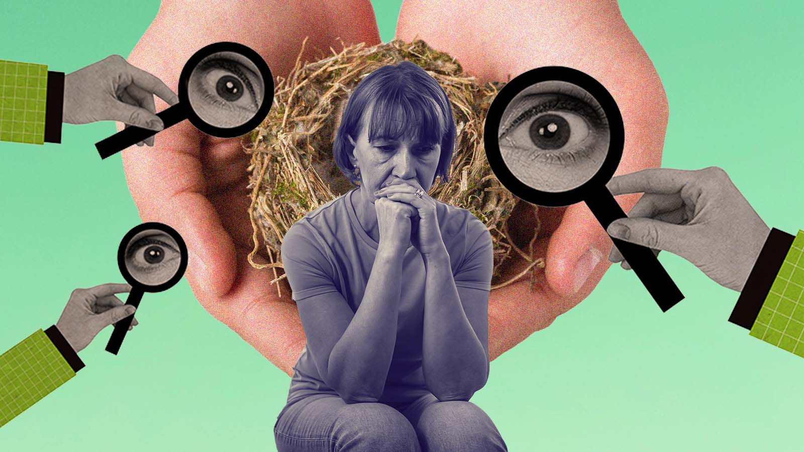Uma mulher aparece sentada em expressão de ansiedade diante de um ninho vazio sustentado por mãos, cercada por lupas com olhos atentos. A composição sugere pressão social, vigilância externa, insegurança emocional e debate sobre fertilidade, maternidade ou expectativas familiares.
