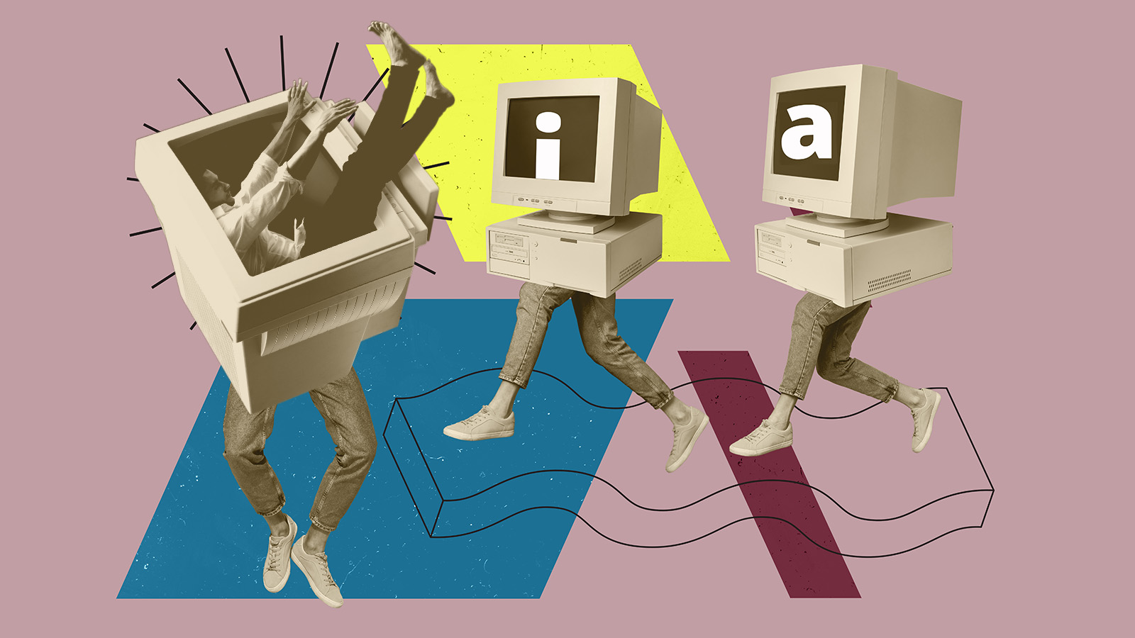 Três figuras caminham com monitores antigos no lugar da cabeça; em uma delas, uma pessoa parece emergir da tela, enquanto outras exibem as letras “i” e “a”. A imagem sugere invasão tecnológica, identidade moldada por máquinas e debate crítico sobre a presença da IA no cotidiano.