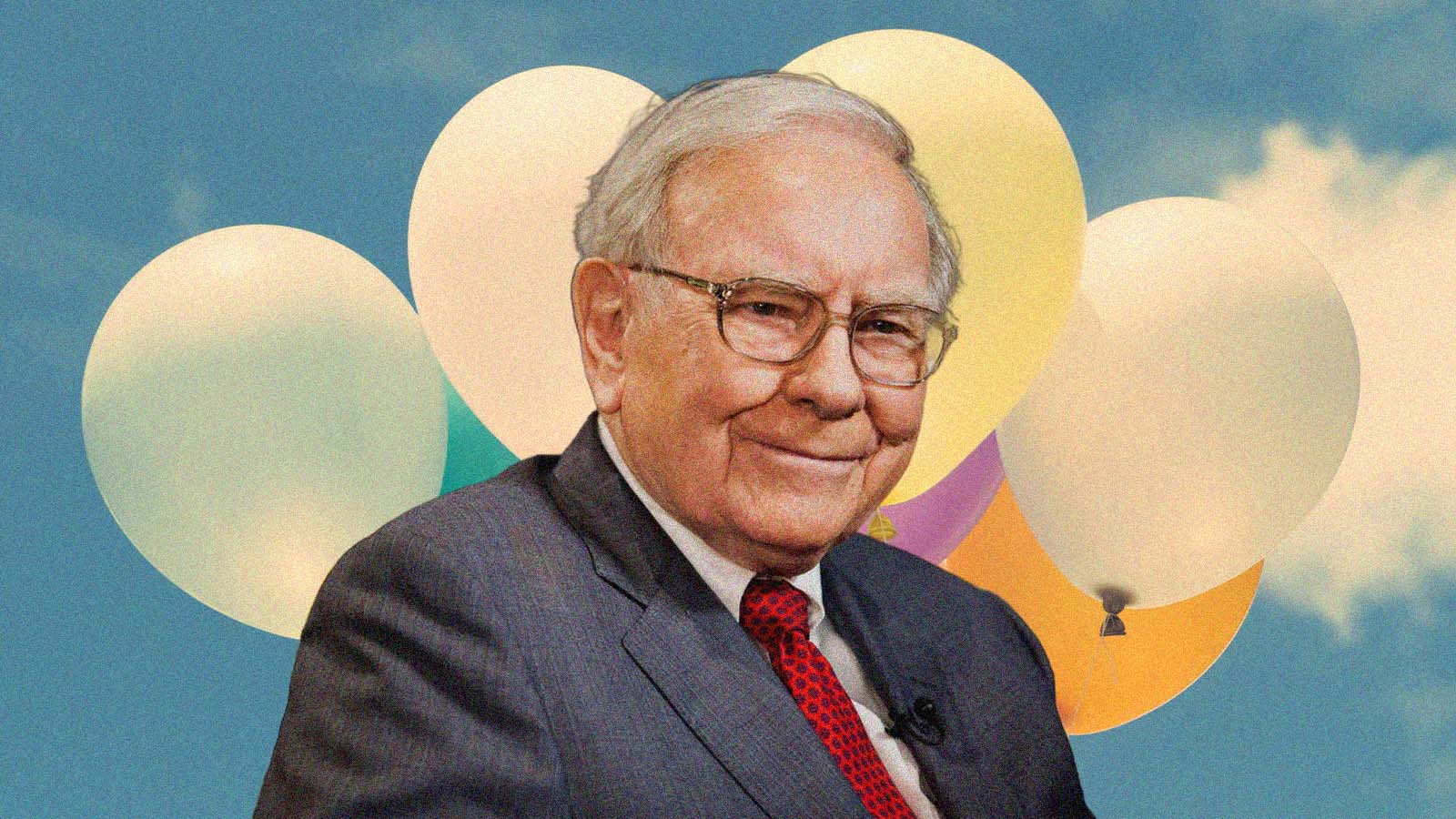 A imagem mostra um homem idoso de terno escuro, camisa branca e gravata vermelha, sorrindo levemente para a câmera. Ao fundo há um céu azul com nuvens e vários balões claros, criando um clima leve e celebratório. A composição sugere temas como sucesso financeiro, otimismo, legado empresarial, fortuna ou comemoração de resultados. O estilo parece editorial, usado para ilustrar matérias sobre negócios e investimentos.