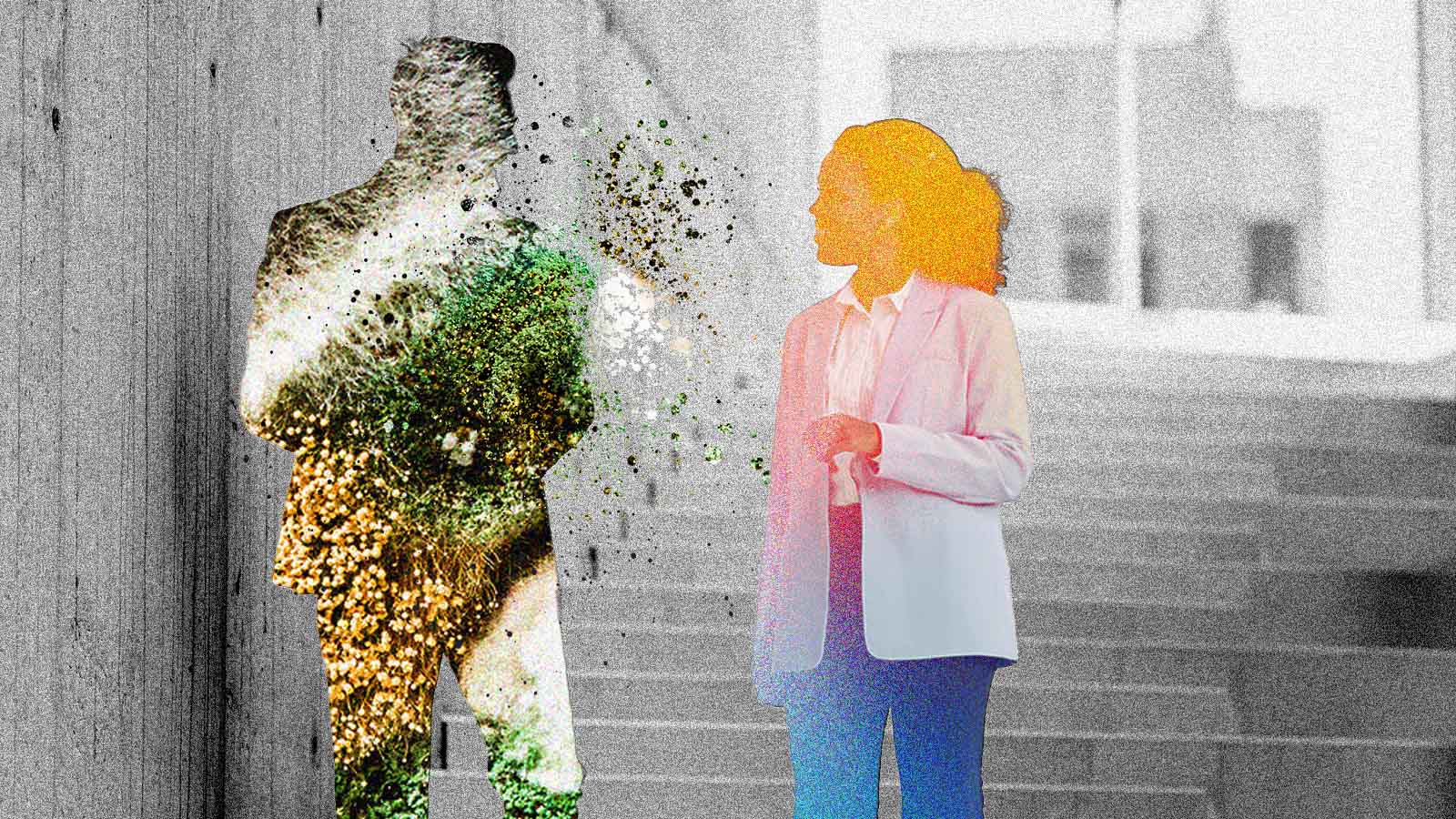 A imagem mostra uma mulher em traje social olhando para uma figura humana ao lado que parece se desintegrar em partículas. O cenário ao fundo lembra um ambiente corporativo ou institucional, em tons neutros, enquanto a mulher aparece destacada com cores suaves. A composição sugere transformação no trabalho, desaparecimento de funções, impacto da tecnologia sobre empregos ou mudança de identidade profissional. Também pode simbolizar burnout, desgaste humano ou a substituição gradual de pessoas por sistemas automatizados.