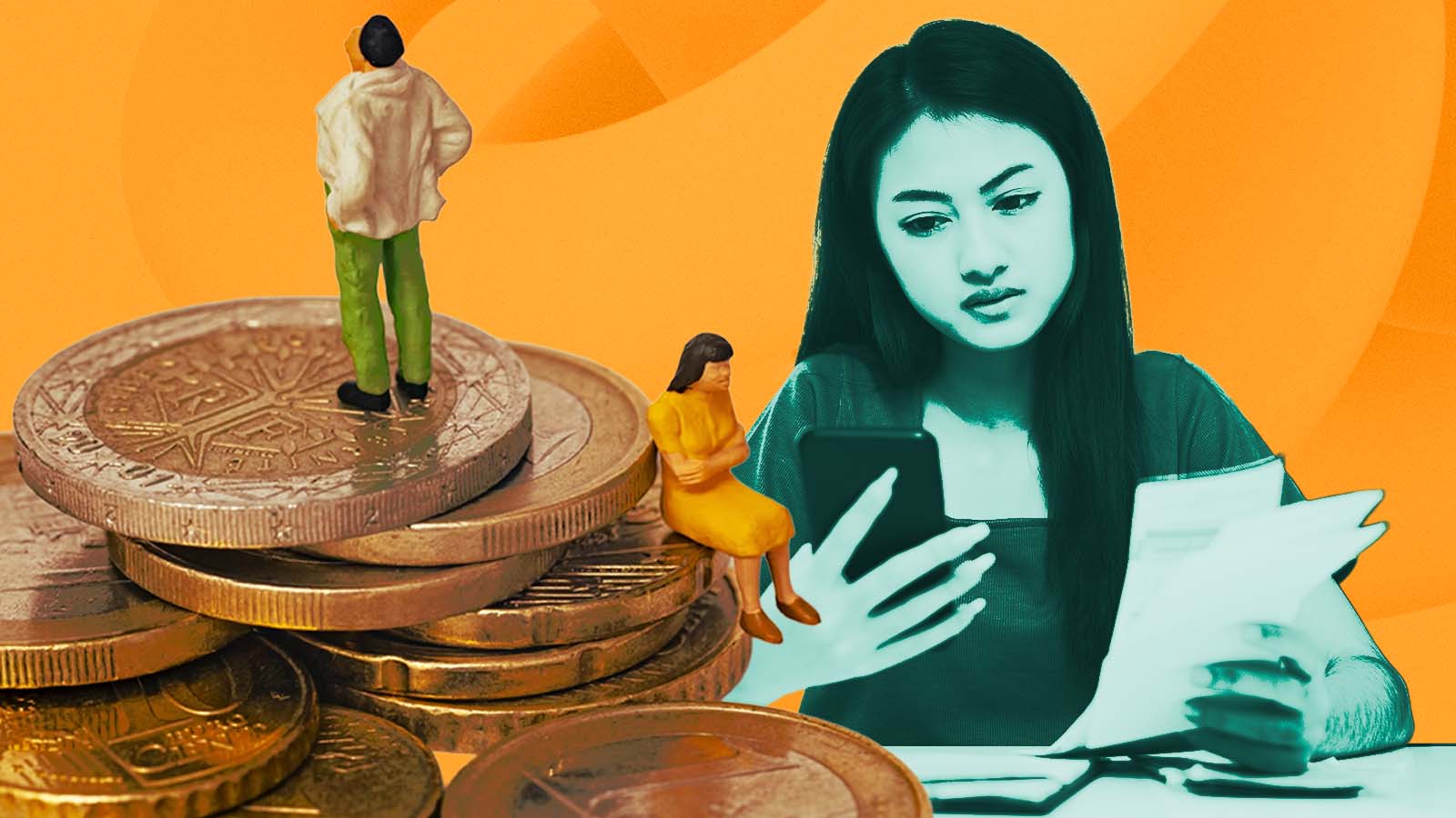 jovem segurando o celular, olhando a tela, enquanto uma mulher está sentada sobre moedas e um homem está de pé, com fundo amarelo.