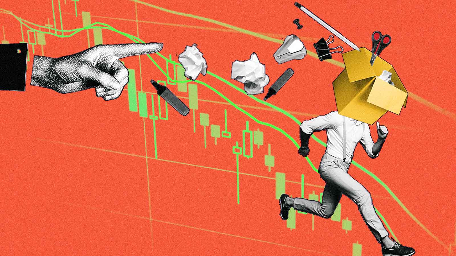 A imagem mostra um homem correndo com a cabeça substituída por uma caixa, enquanto objetos de escritório (papéis amassados, caneta, clipes) voam ao redor. Ao fundo, há um gráfico financeiro em queda, com velas descendentes. A composição é direta: pressão + caos + desempenho ruim. Sugere temas como estresse no trabalho, decisões sob pressão, mercados voláteis, produtividade em crise ou a sensação de estar “apagando incêndios” enquanto tudo piora. Também pode indicar fuga — alguém tentando escapar de um cenário profissional ou financeiro que saiu do controle.