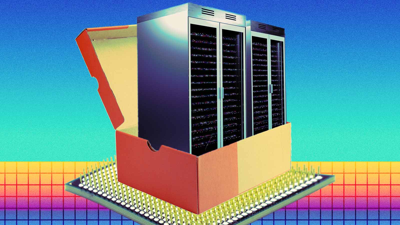 A imagem mostra racks de servidores instalados dentro de uma caixa de papelão, apoiada sobre um chip eletrônico. O visual surreal combina infraestrutura pesada de tecnologia com embalagem simples e frágil. A composição sugere temas como data centers modulares, computação compacta, expansão acelerada da IA, infraestrutura improvisada ou a “commoditização” do poder computacional. Também pode simbolizar como recursos tecnológicos sofisticados estão sendo empacotados e vendidos em escala cada vez maior.