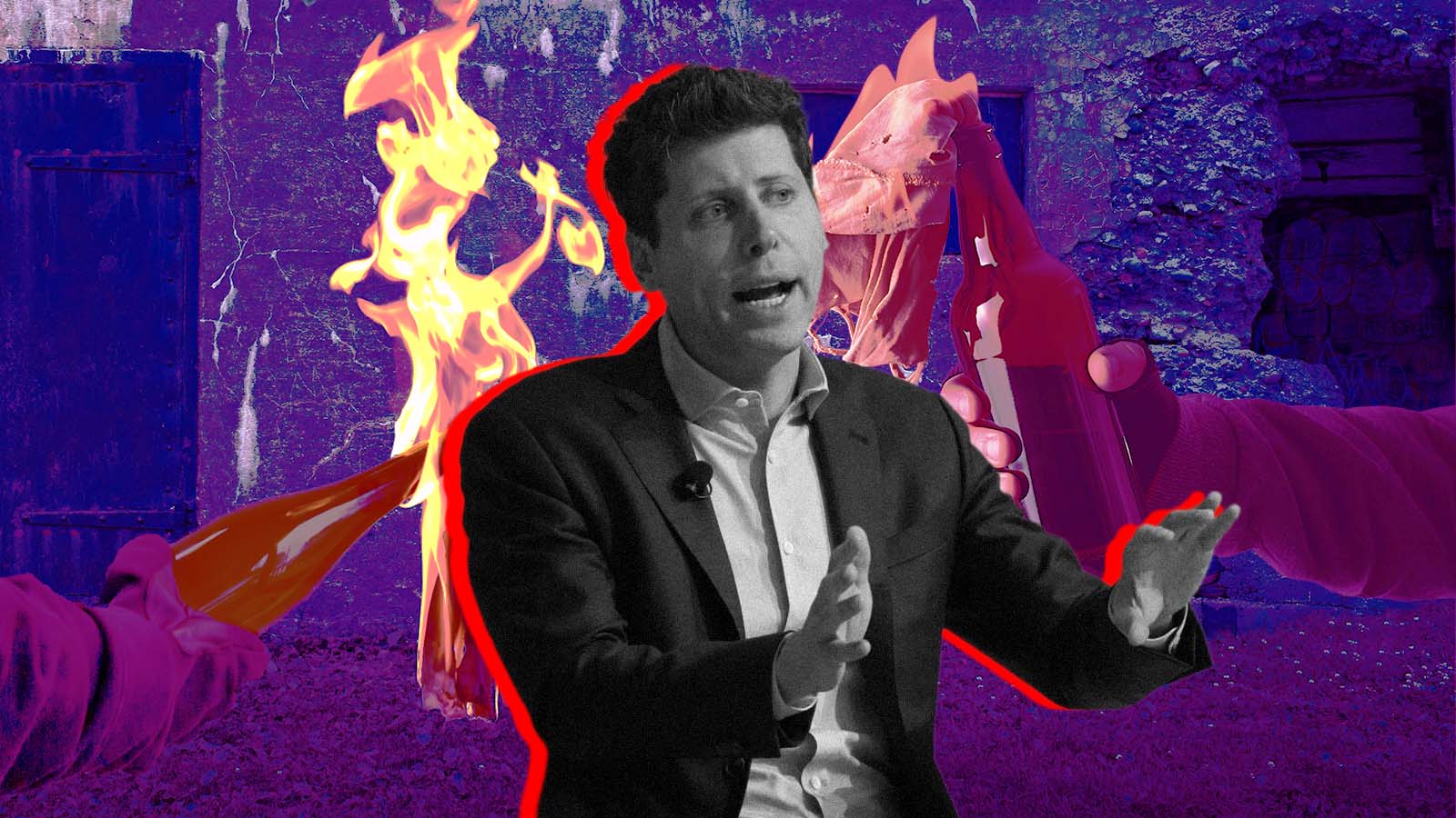ilustração com foto do Sam Altman, em branco e preto, e labaredas ao fundo