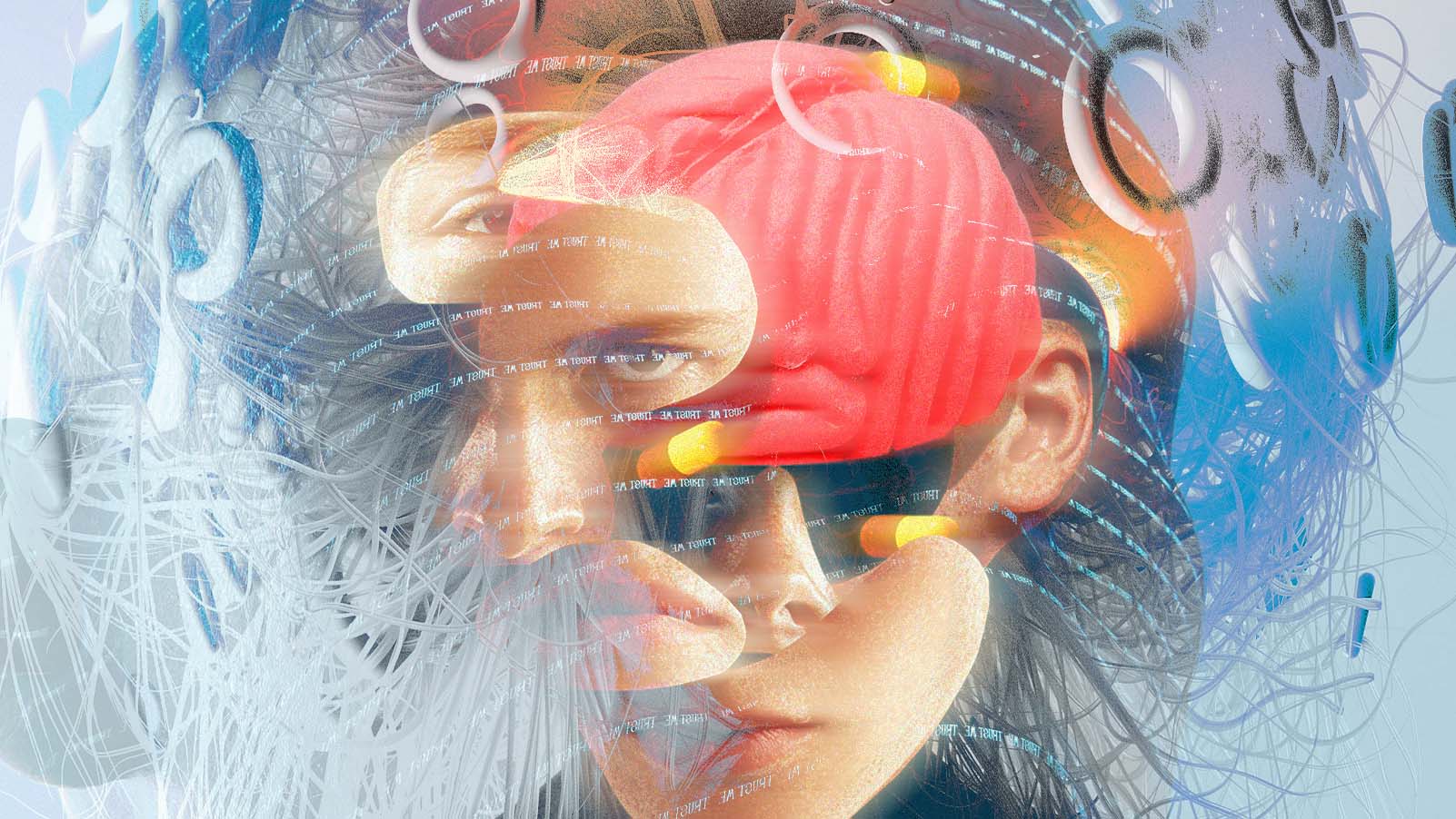 Uma colagem digital de arte conceitual surreal e texturizada que retrata múltiplas camadas da identidade humana entrelaçadas com elementos tecnológicos e biológicos. O centro da composição é dominado por fragmentos do rosto de uma pessoa, divididos e transparentes, em tons de pele dourados e alaranjados. Esses fragmentos de rosto, que parecem ser recortes sobrepostos, revelam uma pele granulada e poros visíveis, além de um olhar intenso e fixo vindo de um olho central, que perfura a composição. Sobre o topo da cabeça, um cérebro anatômico, modelado em vermelho vibrante e rosa, está exposto e centralizado, como uma tampa transparente revelando a mente. Ele é flanqueado e perfurado por pílulas médicas alongadas, em amarelo e laranja, inseridas em várias camadas da colagem, sugerindo tratamentos ou intervenções farmacêuticas na mente. Ao redor dessa figura central, há um emaranhado denso e caótico de fios e fibras emaranhadas, em tons de azul elétrico e branco, que parecem tanto circuitos de dados quanto uma rede neural biológica, sugerindo conexões complexas. No fundo, há anéis concêntricos concêntricos e formas circulares texturizadas, em tons de azul, laranja e preto, que imitam tanto grafites de spray quanto diagramas de onda. Em várias partes da colagem, a pele e o fundo são impressos com linhas repetitivas de microtexto digital, com as palavras "A VERDADE" (em português) repetidas exaustivamente em azul e branco, flutuando como código de computador ou legendas sobrepostas sobre a figura humana e o caos circundante. O estilo geral é de uma colagem crua, granulada, com texturas de papel rasgado e spray de tinta, sobre um fundo azul-claro suave. A composição é complexa, densa e fragmentada, evocando temas de identidade em transição, neurobiologia, tecnologia e a busca por significado em meio à informação.