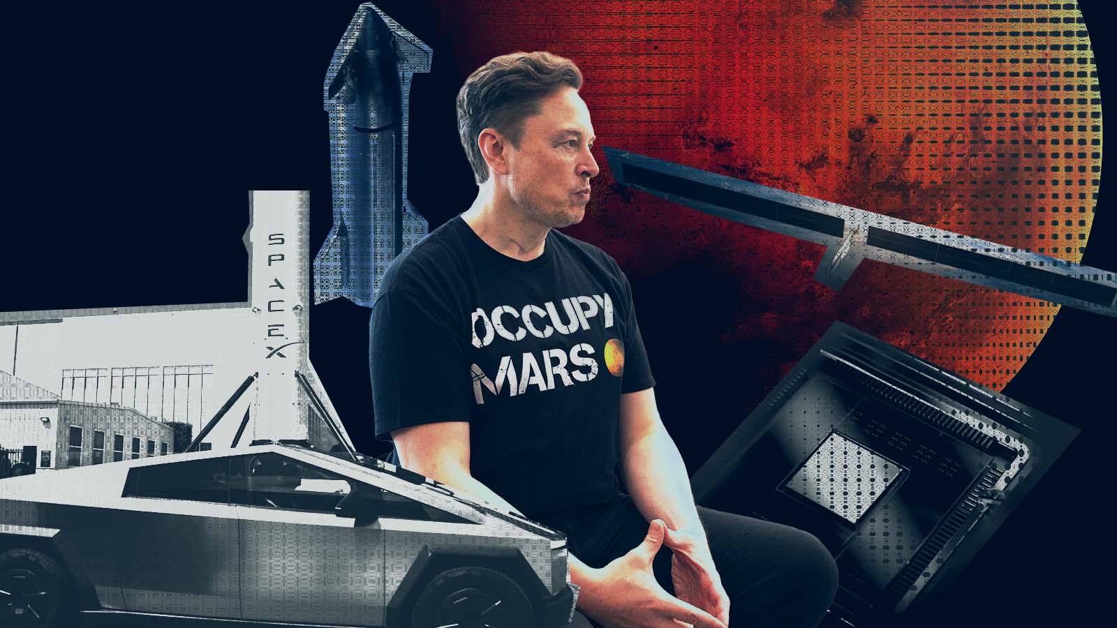 Elon Musk veste camiseta preta com a inscrição Occupy Mars
