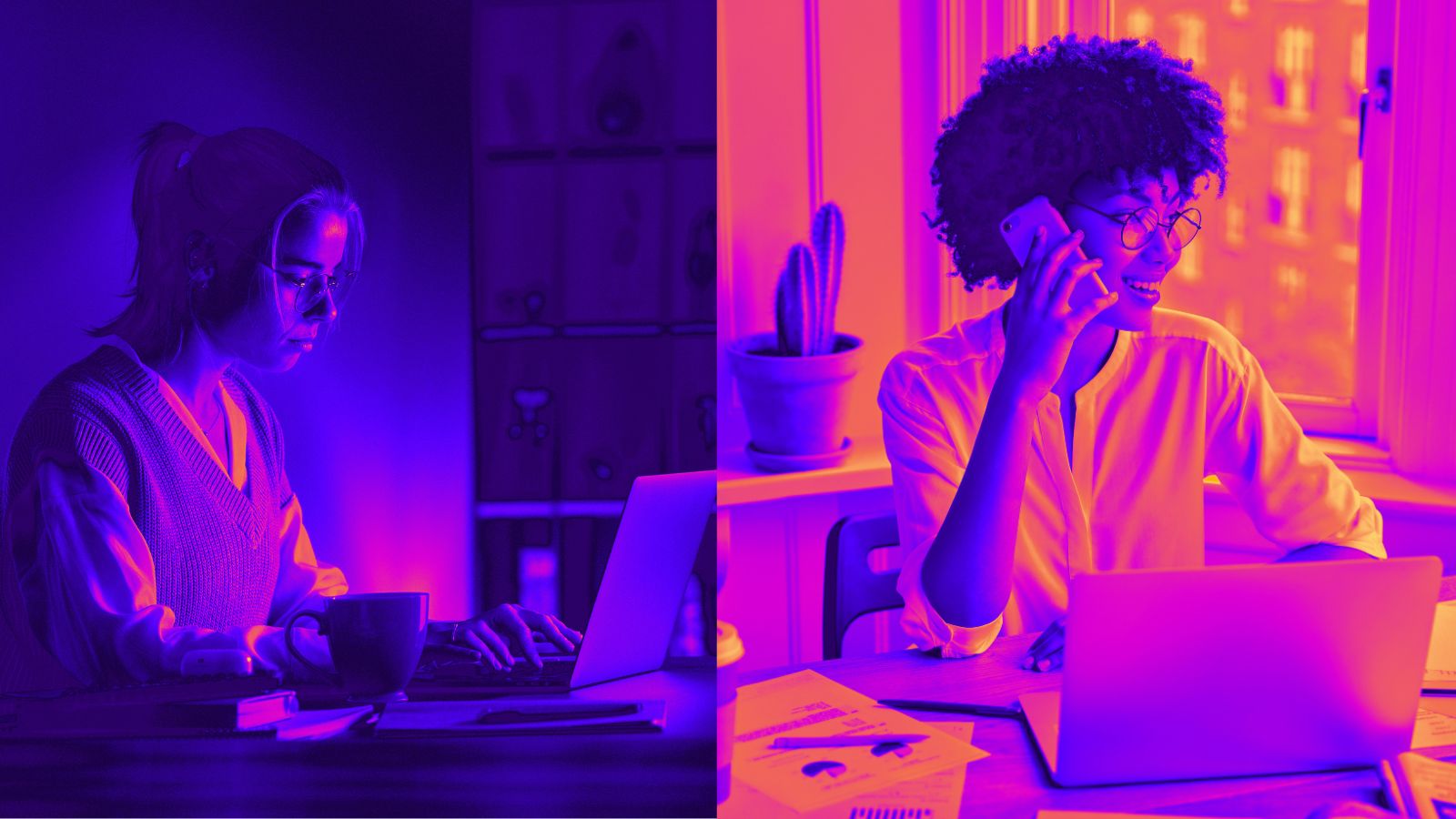 Mulheres mno trabalho, do lado esquerdo em casa trabalhando até tarde e do diretito no escritório