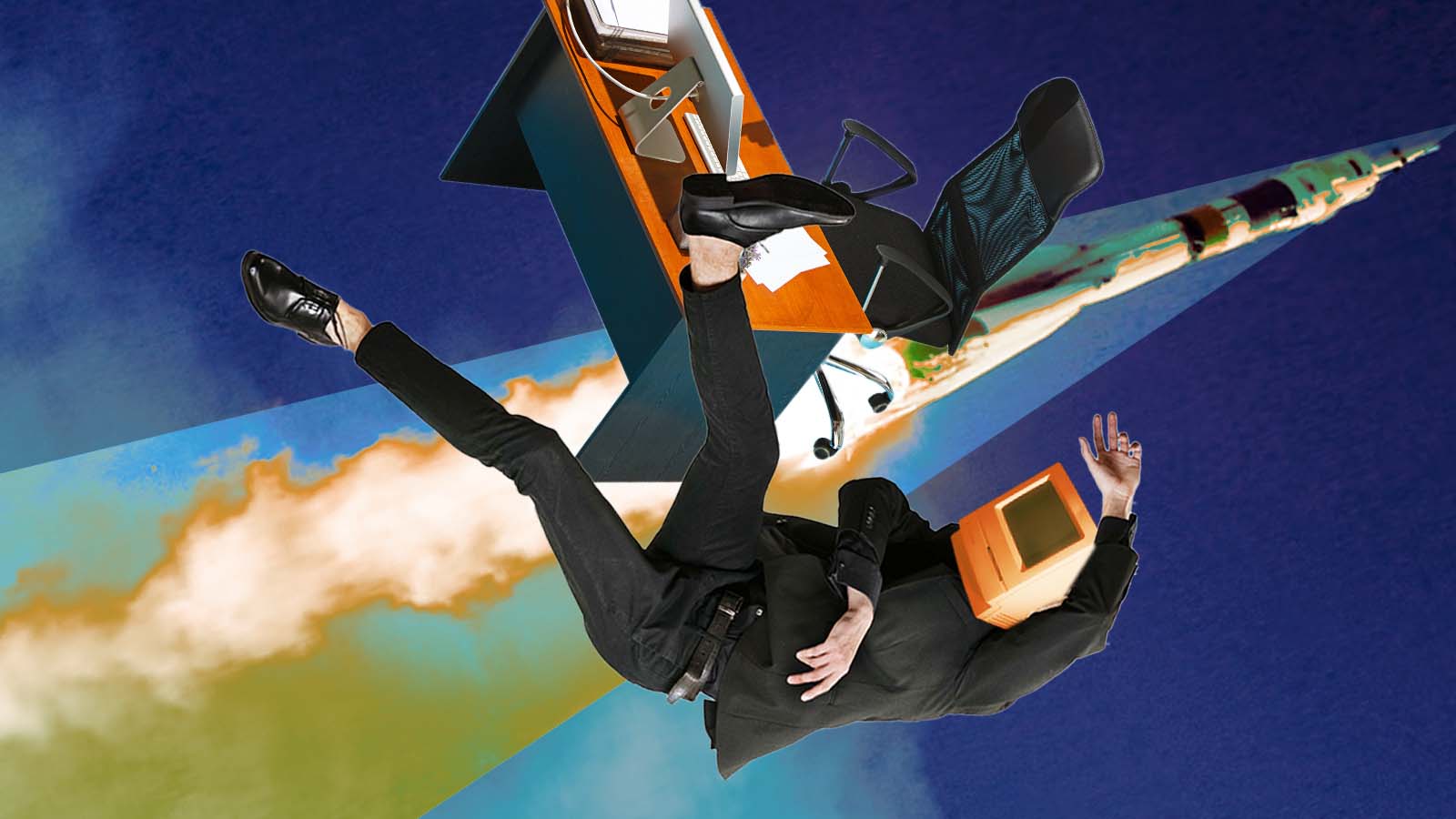 Pessoa de terno aparece caindo de forma desordenada junto com móveis e objetos de escritório, como cadeira, mesa e computador, em um fundo surreal com céu e nuvens. A composição sugere perda de controle, colapso profissional ou instabilidade no trabalho.