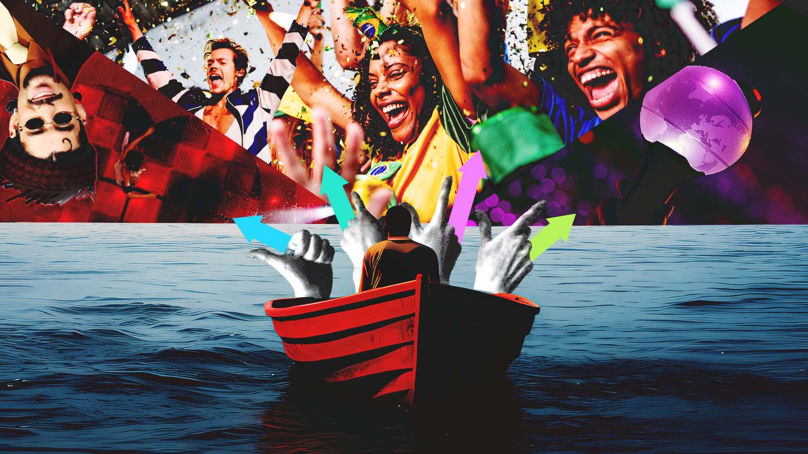 olagem mostra uma pessoa em um pequeno barco no mar observando uma cena vibrante de torcedores comemorando, com bandeiras e confetes. Mãos em primeiro plano fazem gestos de apoio enquanto setas coloridas apontam para a multidão, sugerindo engajamento, torcida e conexão emocional à distância.