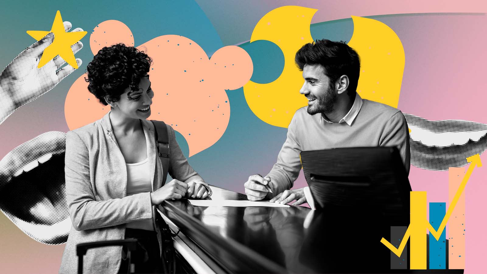 A imagem mostra duas pessoas sentadas frente a frente em uma mesa, sorrindo e conversando, enquanto uma delas segura uma caneta sobre papéis. Ao fundo há formas abstratas coloridas que remetem a balões de diálogo ou troca de ideias. A composição sugere temas como entrevista de emprego, networking, mentoria, negociação ou colaboração profissional. O clima visual transmite conexão humana, comunicação positiva e construção de oportunidades.