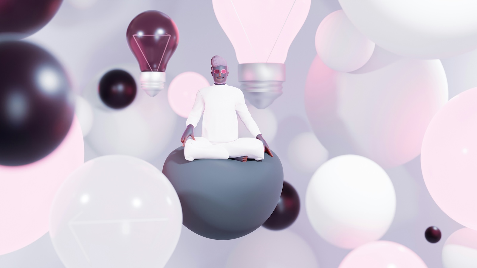 Ilustração de uma pessoa meditando em meio a lâmpadas