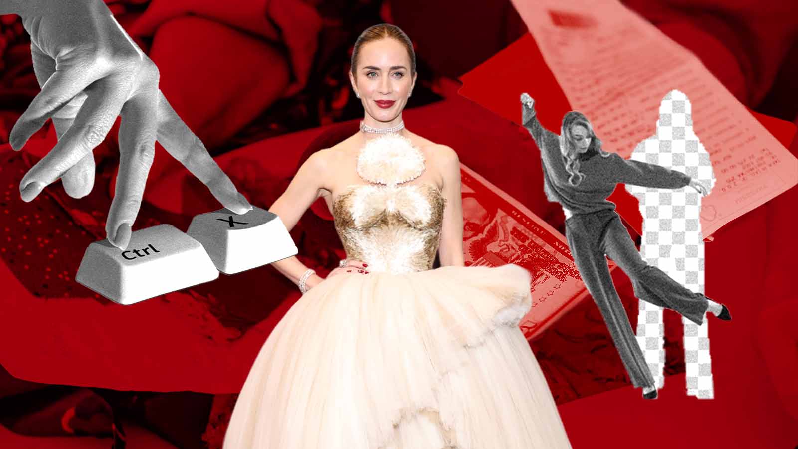 Uma colagem surrealista com fundo vermelho vibrante apresentando a atriz Emily Blunt ao centro, vestindo um luxuoso vestido de gala creme com detalhes em tule e um corpete estruturado. À esquerda, uma mão gigante em tons de cinza pressiona as teclas "Ctrl" e "X" de um teclado de computador. À direita, uma silhueta feminina em preto e branco parece dançar ou se desequilibrar ao lado de um recorte vazio com padrão de transparência quadriculado (PNG). Ao fundo, sobreposições de texturas sugerem pétalas de rosas e documentos impressos.