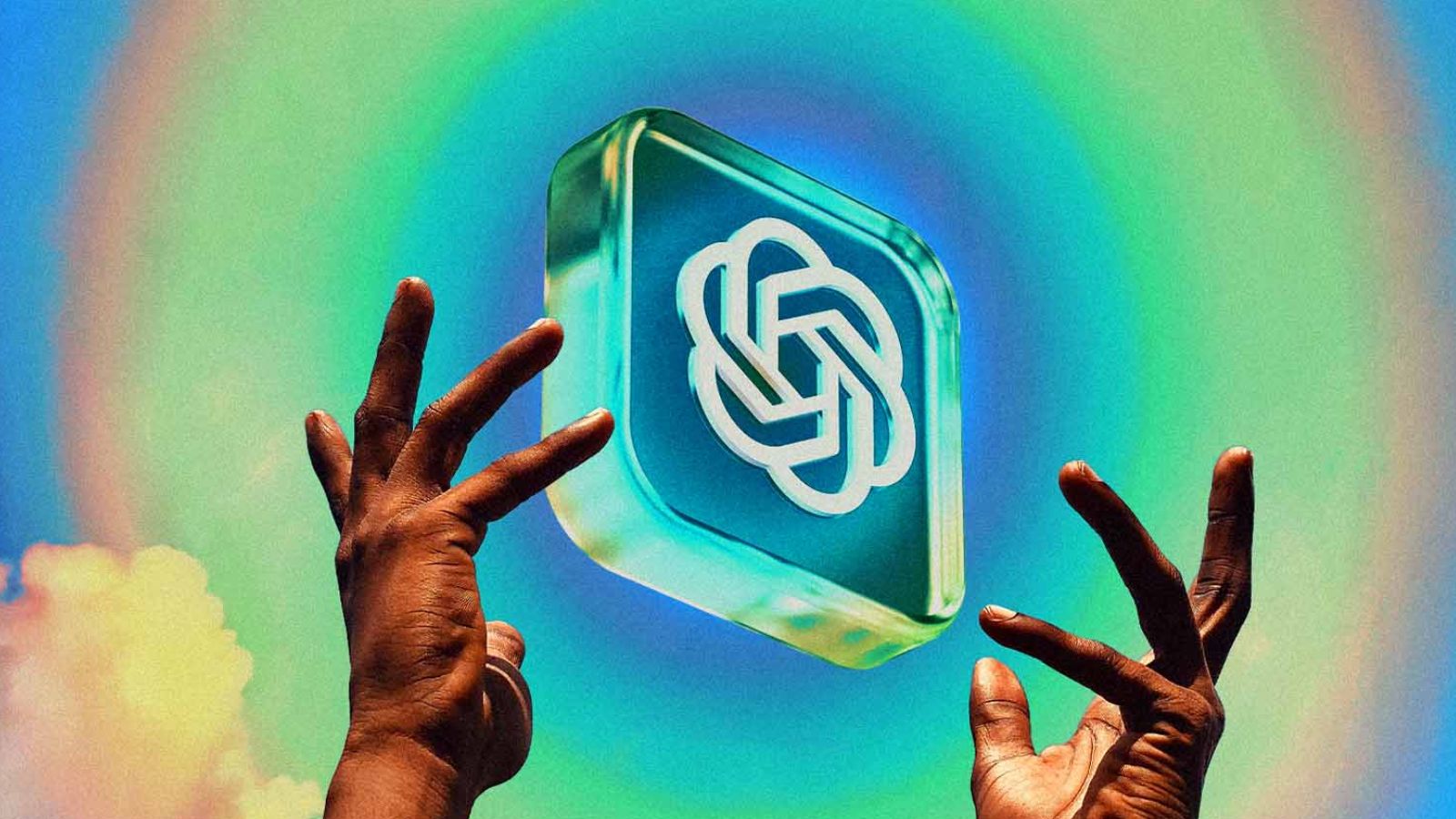Mãos se aproximando do logotipo da OpenAI