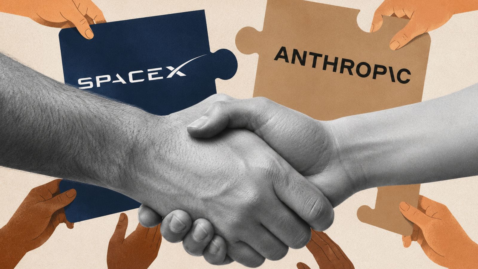 Aperto de mãos, logo das empresas SpaceX e Anthropic
