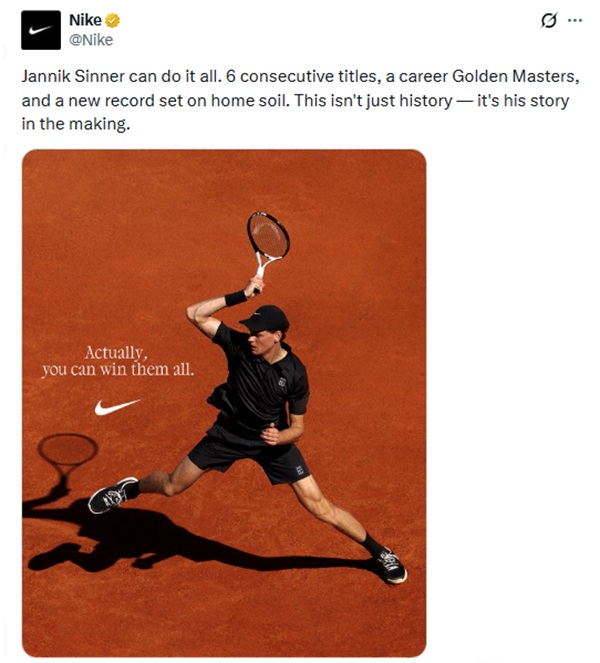 post da Nike com o tenista italiano Jannik Sinner