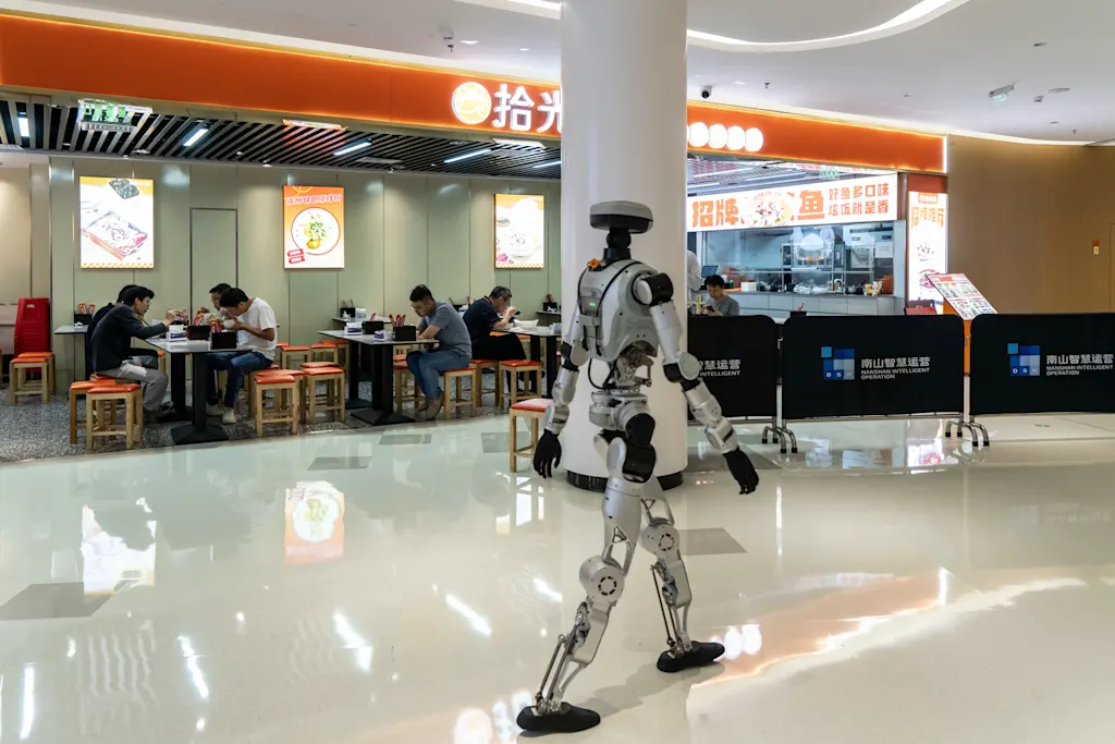 rob&ocirc; humanoide caminha pelo espa&ccedil;o  da exposi&ccedil;&atilde;o Robot Valley, na China