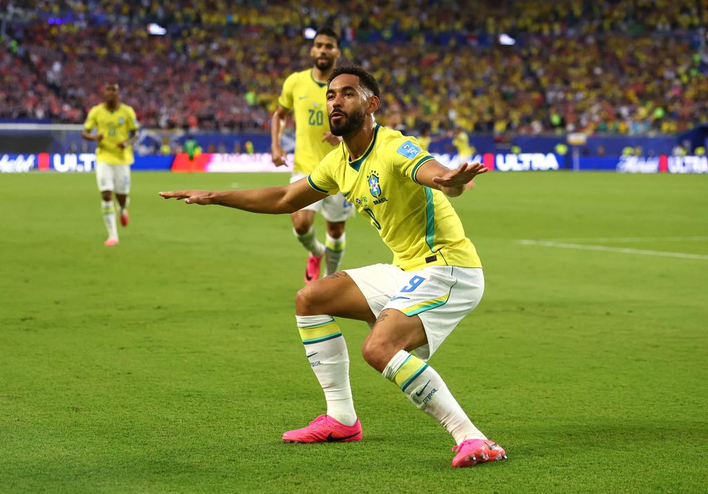 o jogador Matheus Cunha comemora gol feito em partida da Copa do Mundo 2026