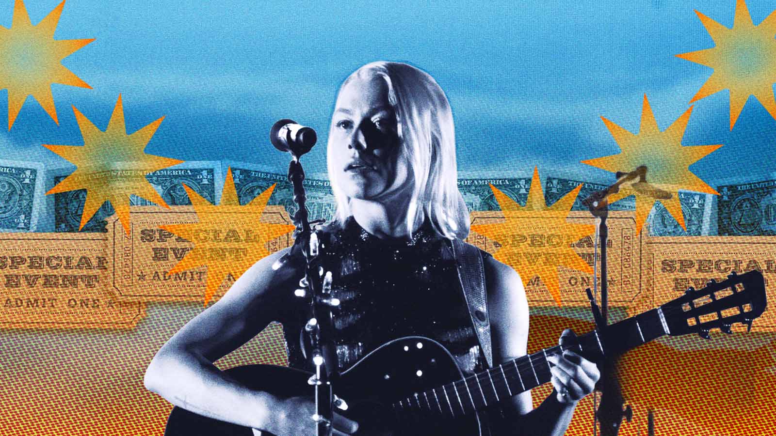 Phoebe Bridgers se apresenta com violão em montagem gráfica com ingressos de shows e notas de dólar ao fundo.