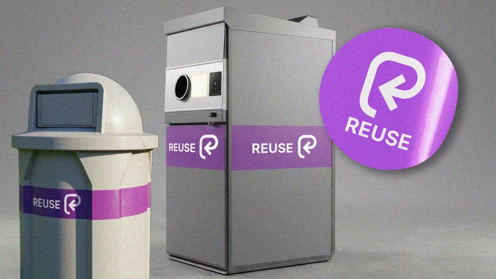 Lixeira, máquina de coleta e selo com o novo símbolo de reutilização aplicado a um sistema de embalagens reutilizáveis.