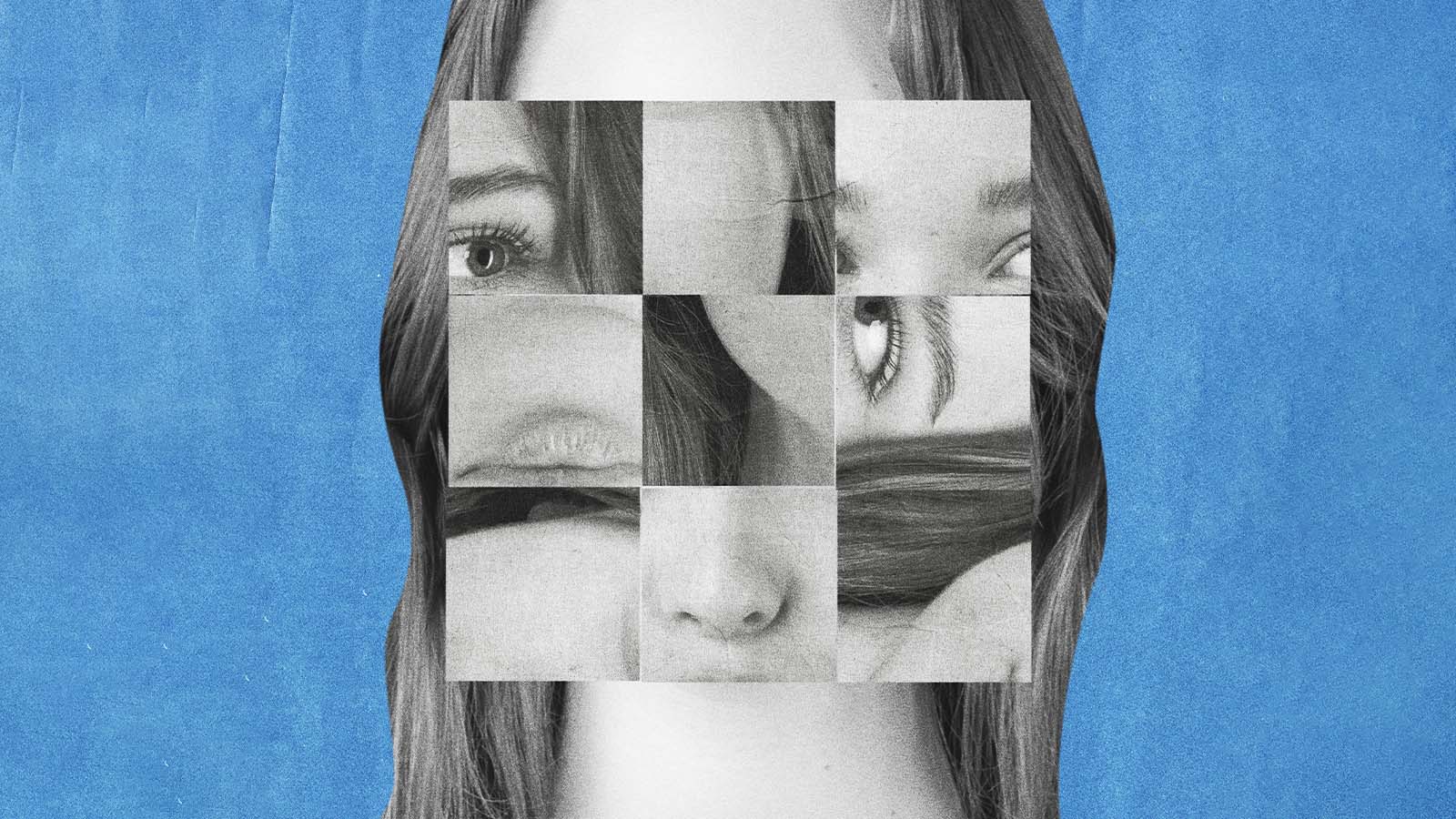 Retrato de uma mulher com o rosto fragmentado em diferentes recortes, representando transformação pessoal, identidade e mudança.
